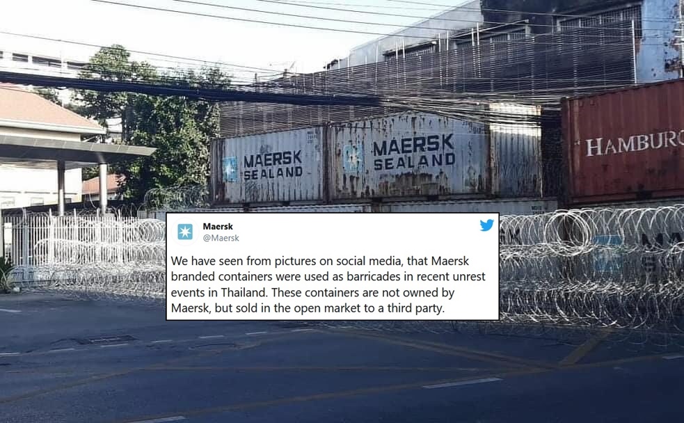 MAERSK แจง ตู้คอนเทนเนอร์ขายไปแล้ว หลังโผล่ปิดถนนสกัดม็อบกลางกรุง