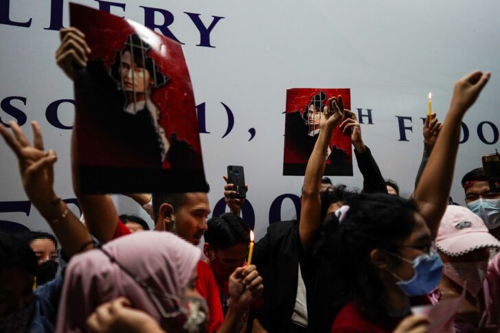 Myanmar citizens living in Thailand protest against the military coup outside Myanmar embassy in Bangkok