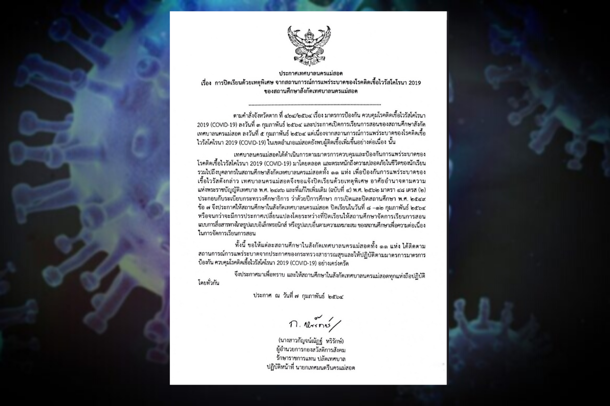 เทศบาลแม่สอดประกาศปิด 11 โรงเรียน 5 วัน หลังพบผู้ติดเชื้อโควิดเพิ่ม