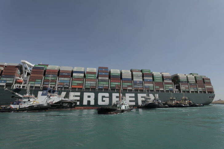 Stranded container ship Ever Given, one of the world's largest container ships, is seen after it ran aground, in Suez Canal