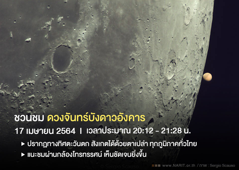 17 เม.ย. ชวนชม “ดวงจันทร์บังดาวอังคาร” ในประเทศไทย