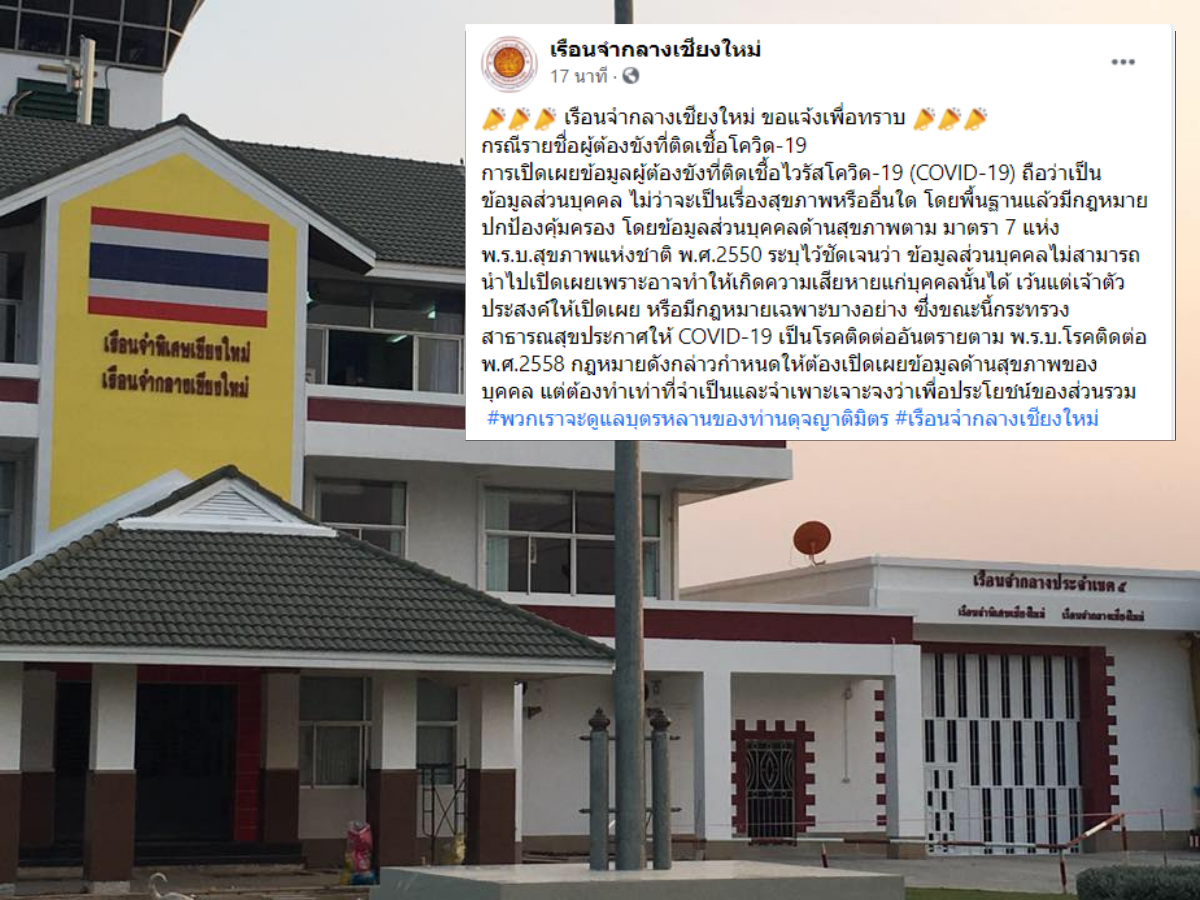 เรือนจำกลางเชียงใหม่ ประกาศ ไม่เผยรายชื่อ-ข้อมูล ผู้ต้องขังติดโควิด