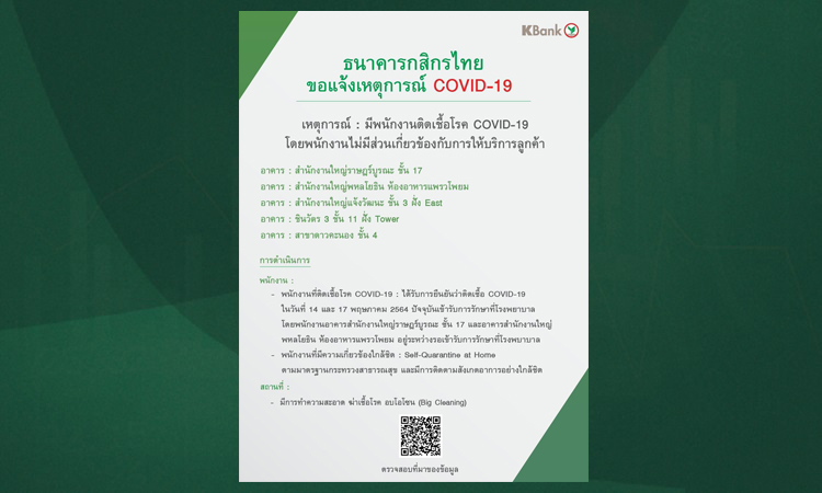 กสิกรไทย แจ้งพบพนักงานติดเชื้อโควิดเพิ่ม ใน 5 อาคาร
