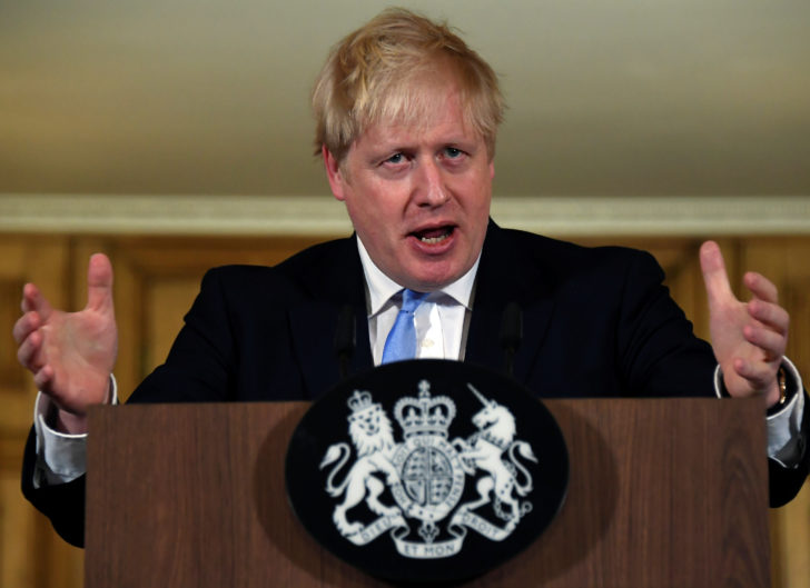 Britain's Prime Minister Boris Johnson speaks during a news conference about coronavirus at Downing Street in London