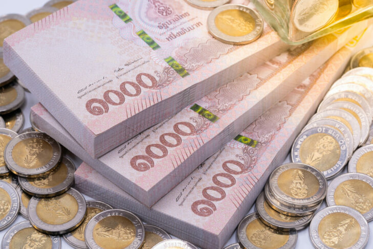 Thai baht banknotes and coins