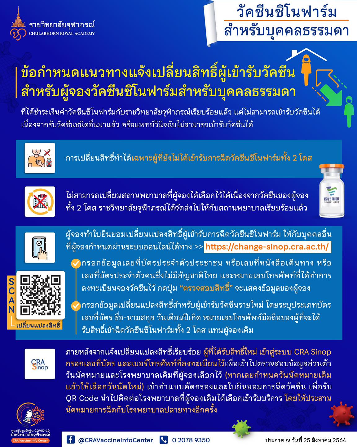 ราชวิทยาลัยจุฬาภรณ์ เปลี่ยนสิทธิฉีดซิโนฟาร์ม