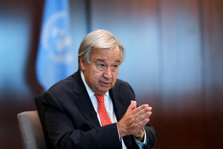 United Nations Secretary-General Antonio Guterres gestures during an interview with Reuters in New York