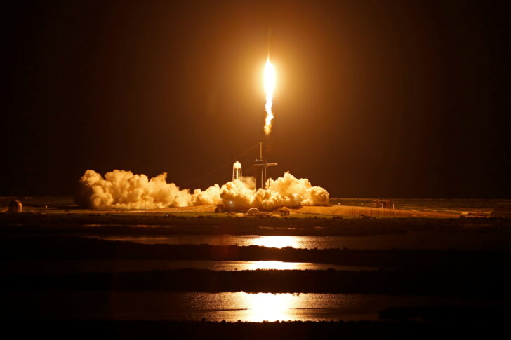 The Inspiration 4 civilian crew aboard a SpaceX Falcon 9 rocket launches from Kennedy Space Center