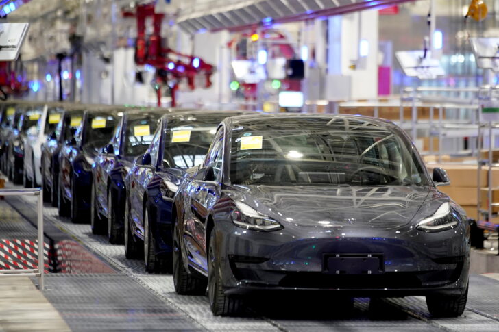 Tesla China-made Model 3 vehicles are seen during a delivery event at its factory in Shanghai - เทสลา