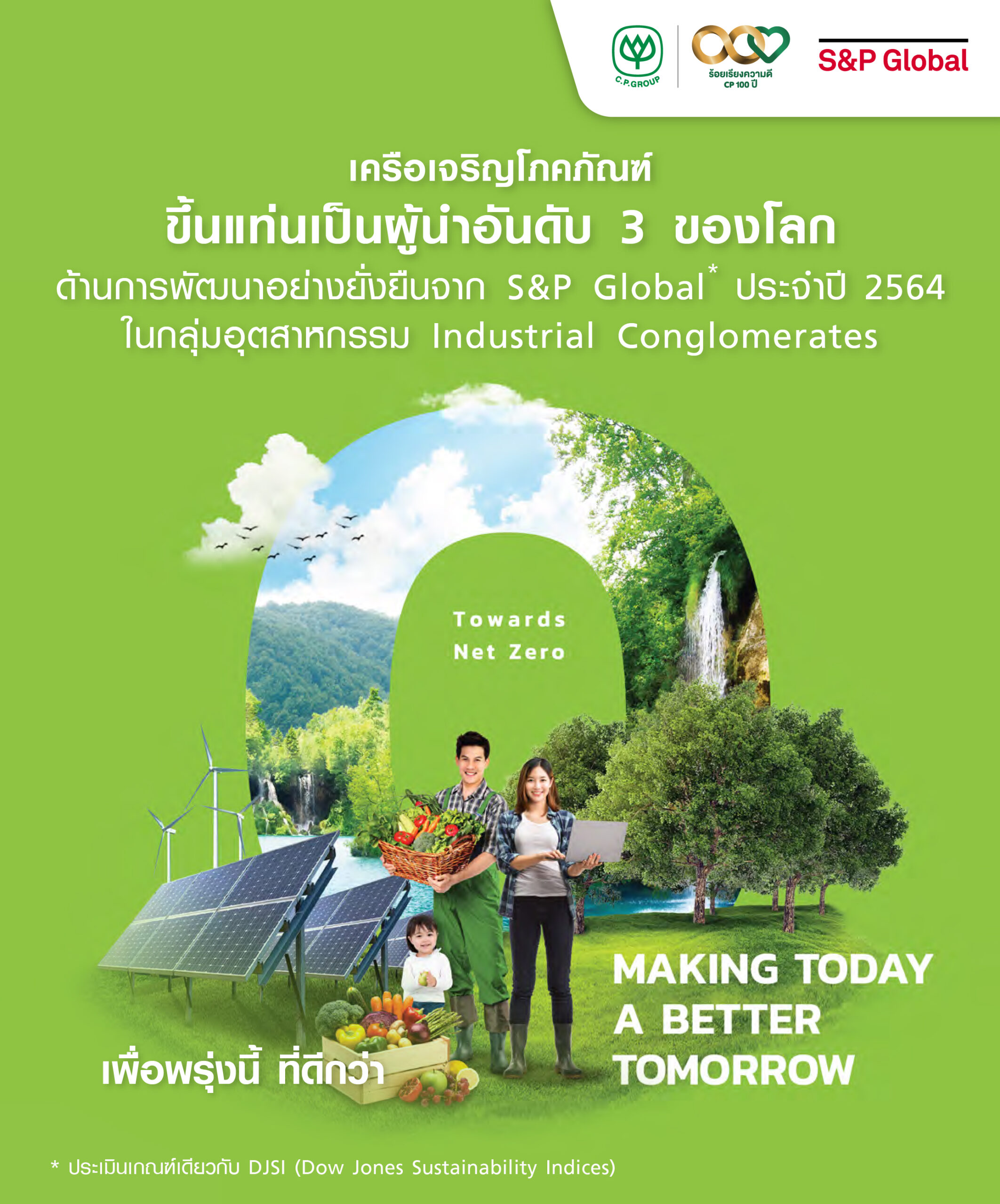 เครือซีพี ติด Top 3 บริษัทยั่งยืนระดับโลก ใน “กลุ่มอุตสาหกรรม Industrial Conglomerates” จากการประเมินโดย S&P Global