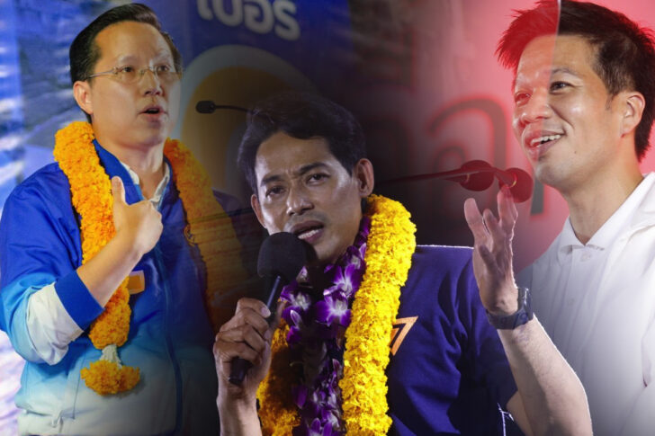 ผู้สมัครรับเลือกตั้งซ่อมจตุจักร - หลักสี่ จากซ้ายนายอรรถวิชช์ สุวรรณภักดี เบอร์ 2 พรรคกล้า กลาง นายกรุณพล เทียนสุวรรณ เบอร์ 6 พรรคก้าวไกล และขวานายสุรชาติ เทียนทอง เบอร์ 3 พรรคเพื่อไทย