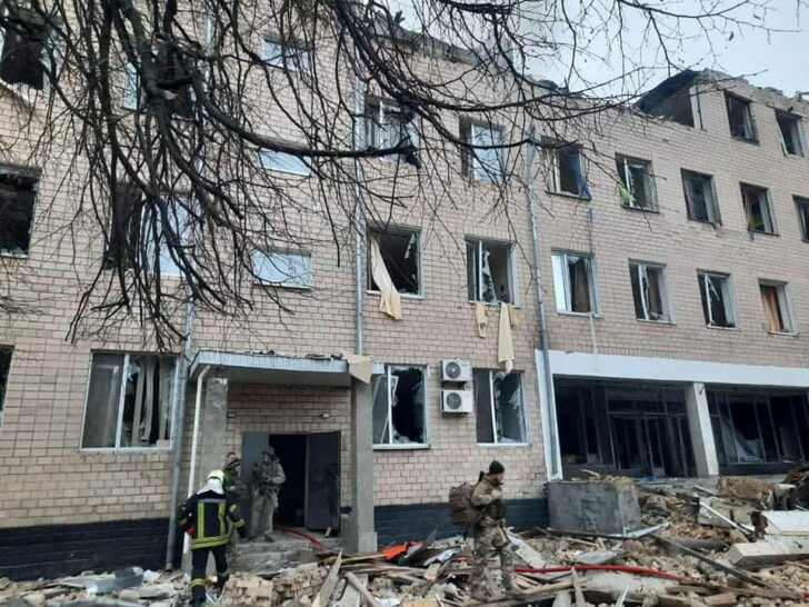 A view shows a damaged building of a military base in the town of Brovary
