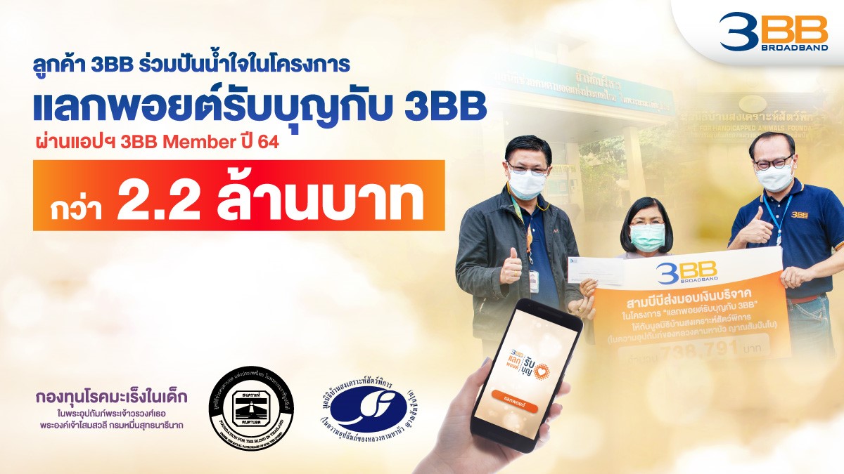 ลูกค้า 3BB ร่วมปันน้ำใจโครงการ “แลกพอยต์รับบุญกับ 3BB” ผ่านแอปฯ 3BB Member ปี 64 กว่า 2.2 ล้านบาท
