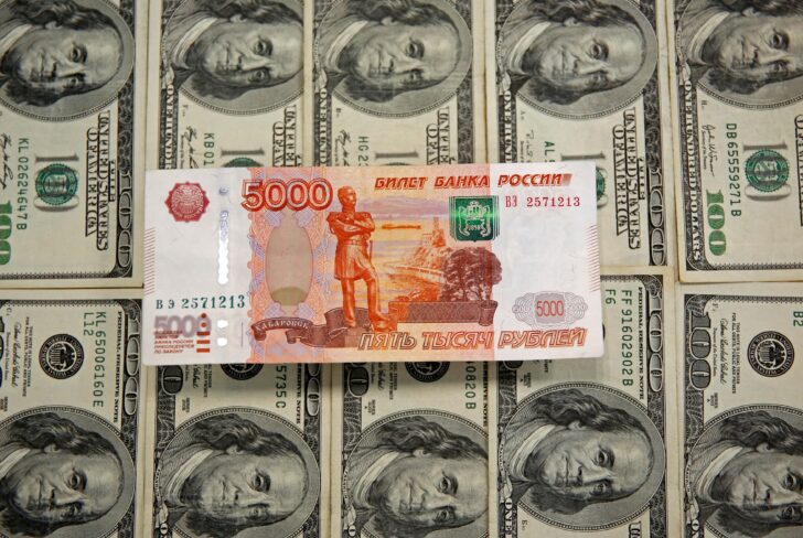 FILE PHOTO: A picture illustration shows U.S. Dollar and Russian Ruble banknotes in Sarajevo dollar