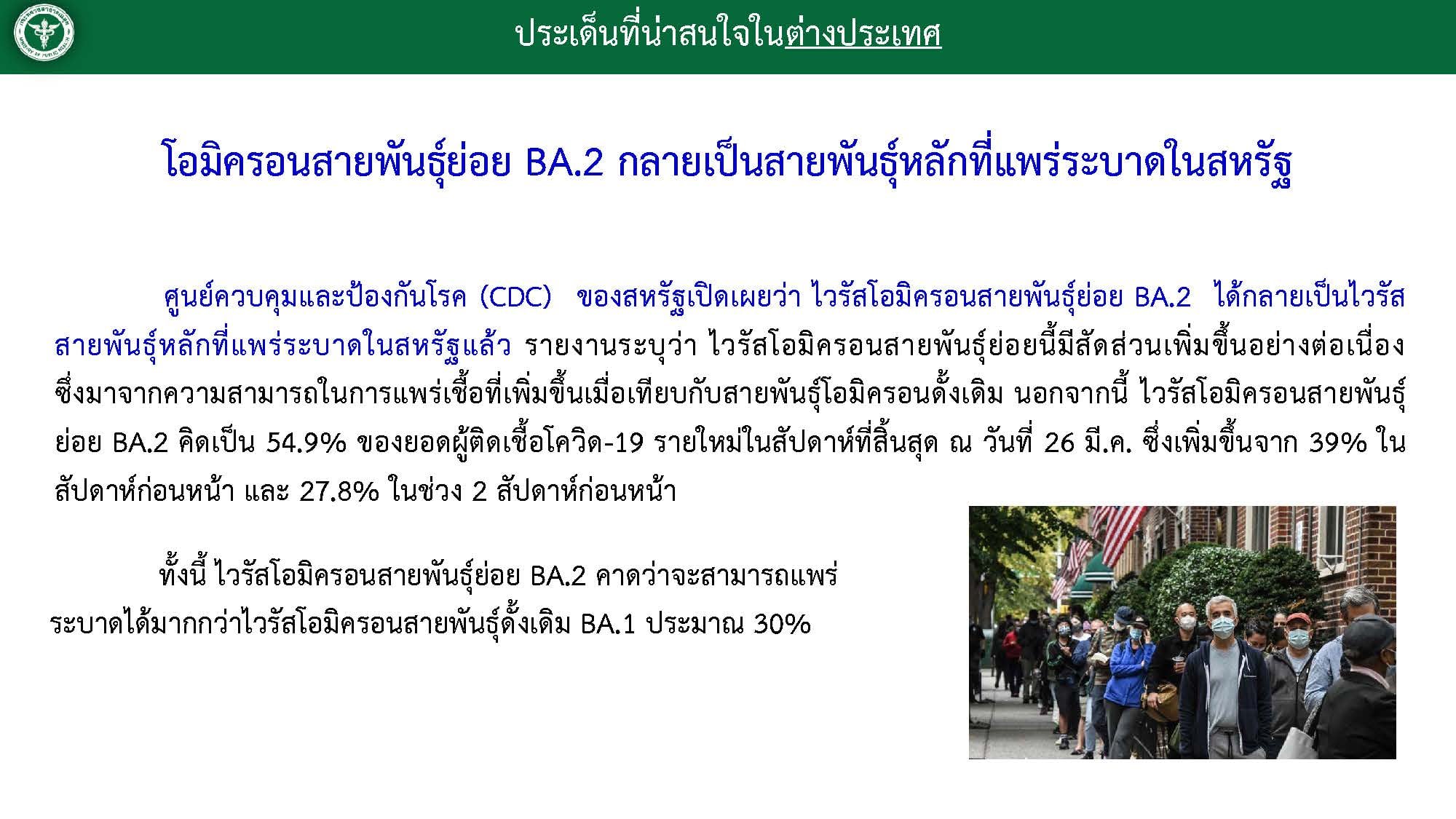ไวรัสสายพันธุ์ย่อย BA.2 สายพันธุ์ดั้งเดิมของโอมิครอนกำลังระบาดหนักในสหรัฐ