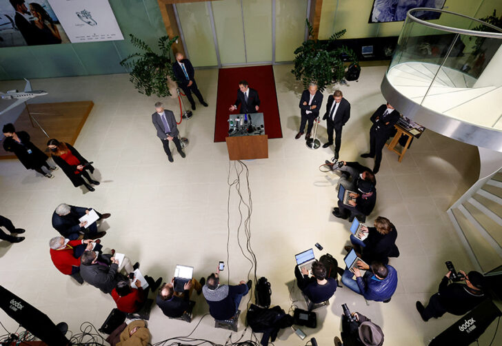 IAEA Director General Grossi attends a news conference in Schwechat