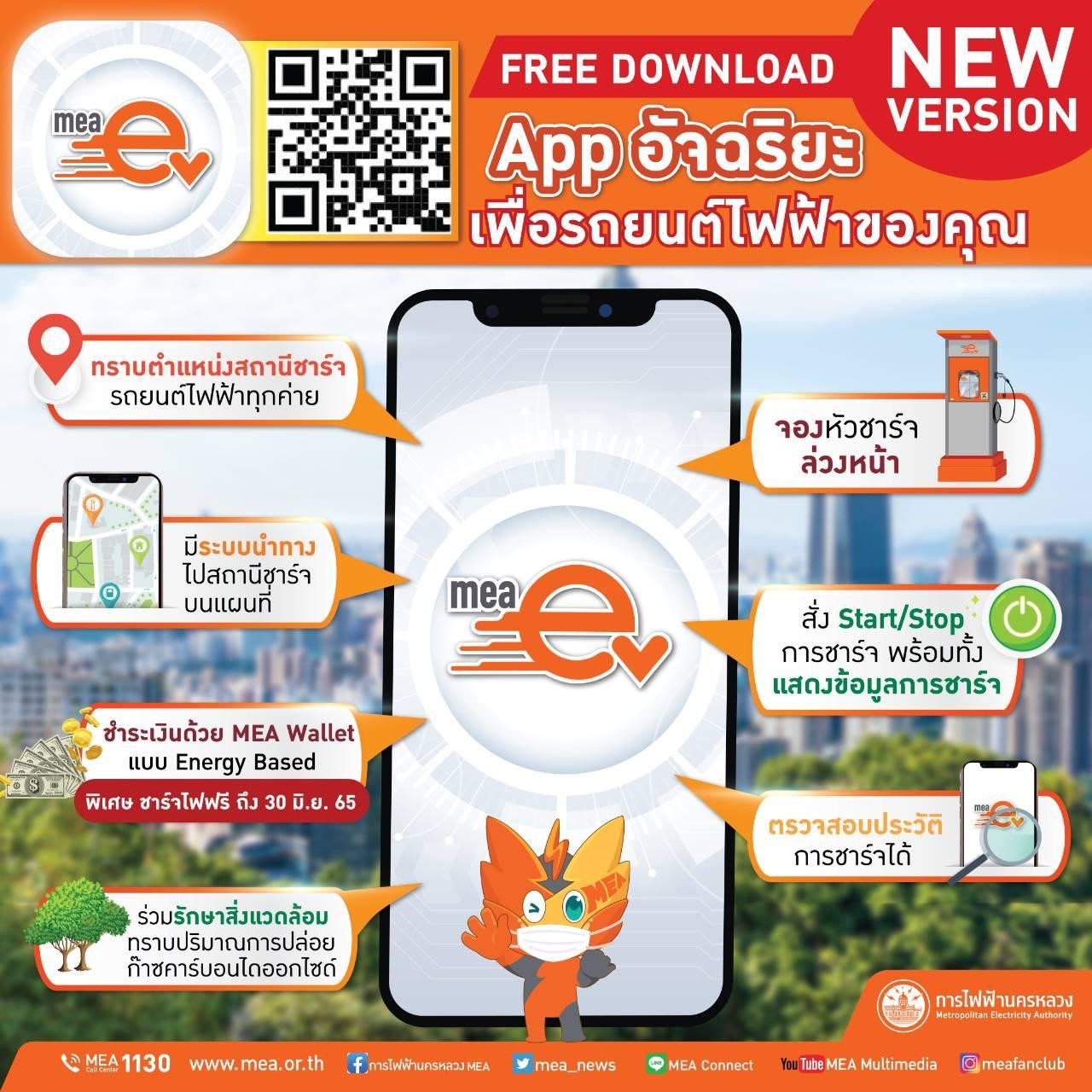 MEA EV Application เวอร์ชันใหม่ !! ครบทุกเรื่องรถยนต์ไฟฟ้า มอบสิทธิพิเศษชาร์จไฟฟรี ถึง 30 มิ.ย. 65