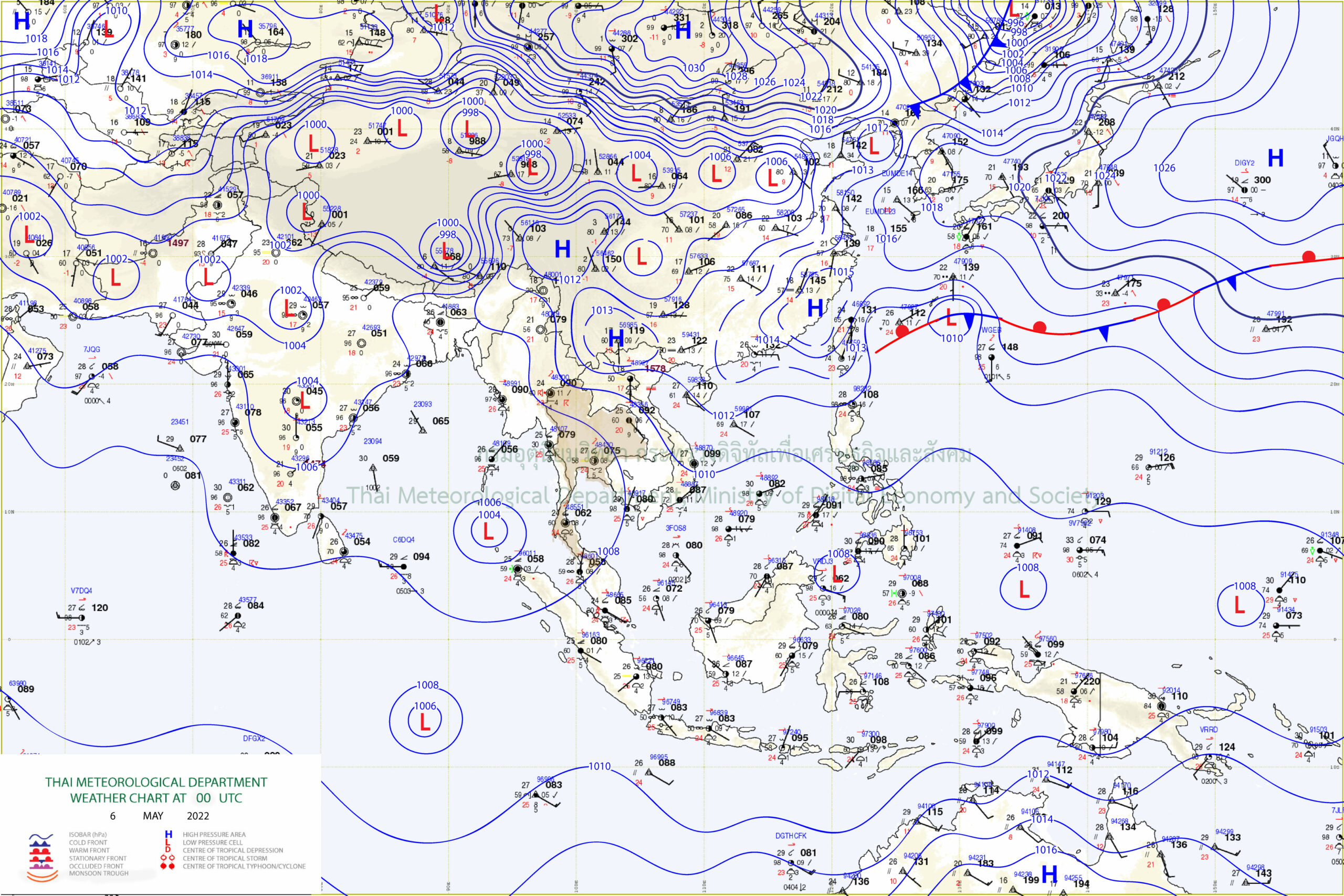 อธิบายแผนที่ : แผนที่อากาศผิวพื้นวันที่ 6 พฤษภาคม 2565 เวลา 07.00 น.บริเวณความกดอากาศสูงหรือมวลอากาศเย็นกำลังอ่อนปกคลุมประเทศไทยตอนบนและทะเลจีนใต้ ในขณะที่มีหย่อมความกดอากาศต่ำปกคลุมบริเวณอ่าวเบงกอลตอนกลาง