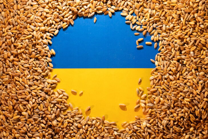 FILE PHOTO: Illustration shows Ukrainian flag and grain สหรัฐจ่อสร้างไซโลชั่วคราวบนพรมแดนยูเครน ช่วยส่งออกธัญพืช