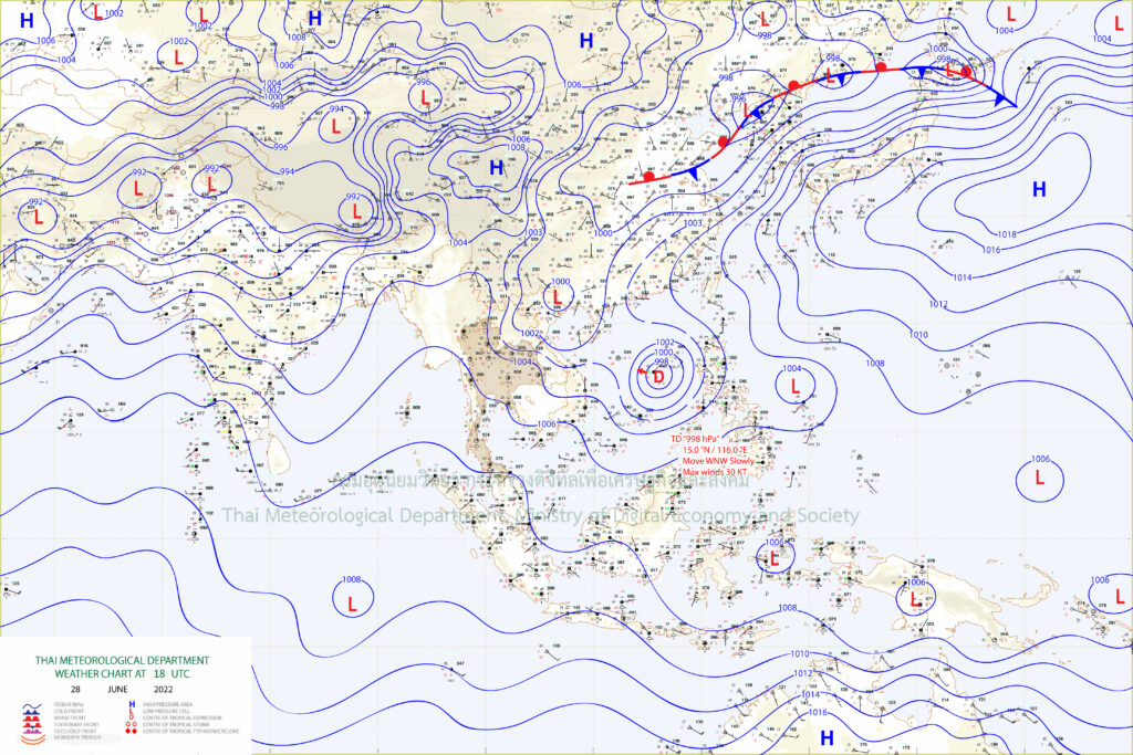 แผนที่อากาศผิวพื้นวันที่ 29 มิถุนายน 2565 เวลา 01.00 น. มรสุมตะวันตกเฉียงใต้พัดปกคลุมทะเลอันดามัน ประเทศไทย และอ่าวไทย ส่วนหย่อมความกดอากาศต่ำกำลังแรงบริเวณทะเลจีนใต้ตอนบนทวีกำลังแรงขึ้นเป็นพายุดีเปรสชันแล้ว