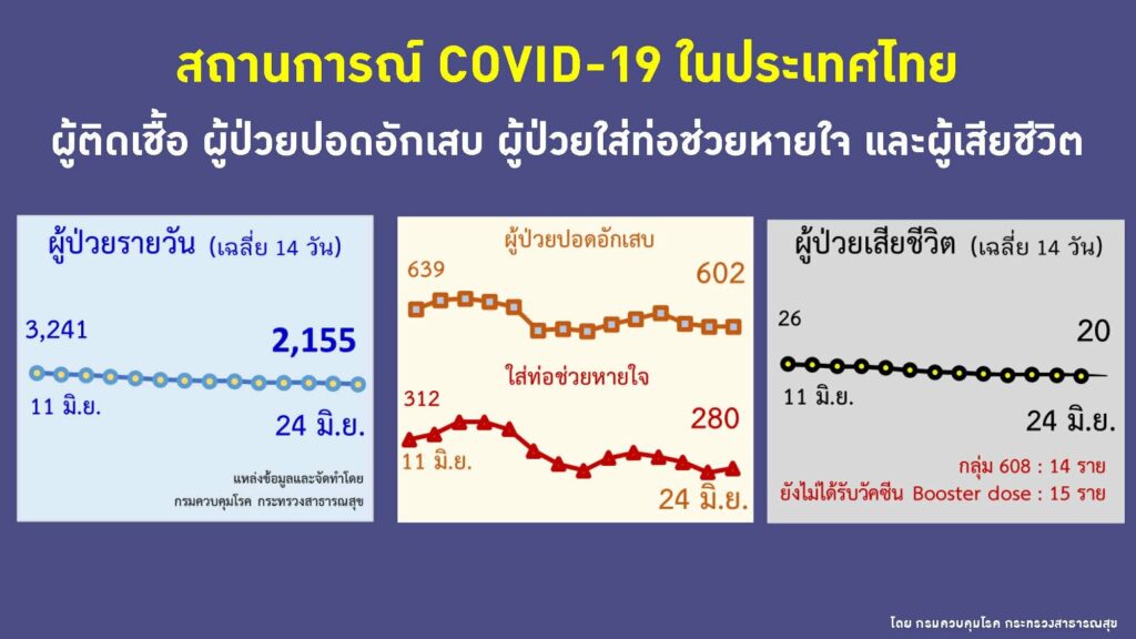 ผู้ป่วยโควิดรายวัน อาการหนัก และเสียชีวิต ณ 24 มิ.ย. 2565