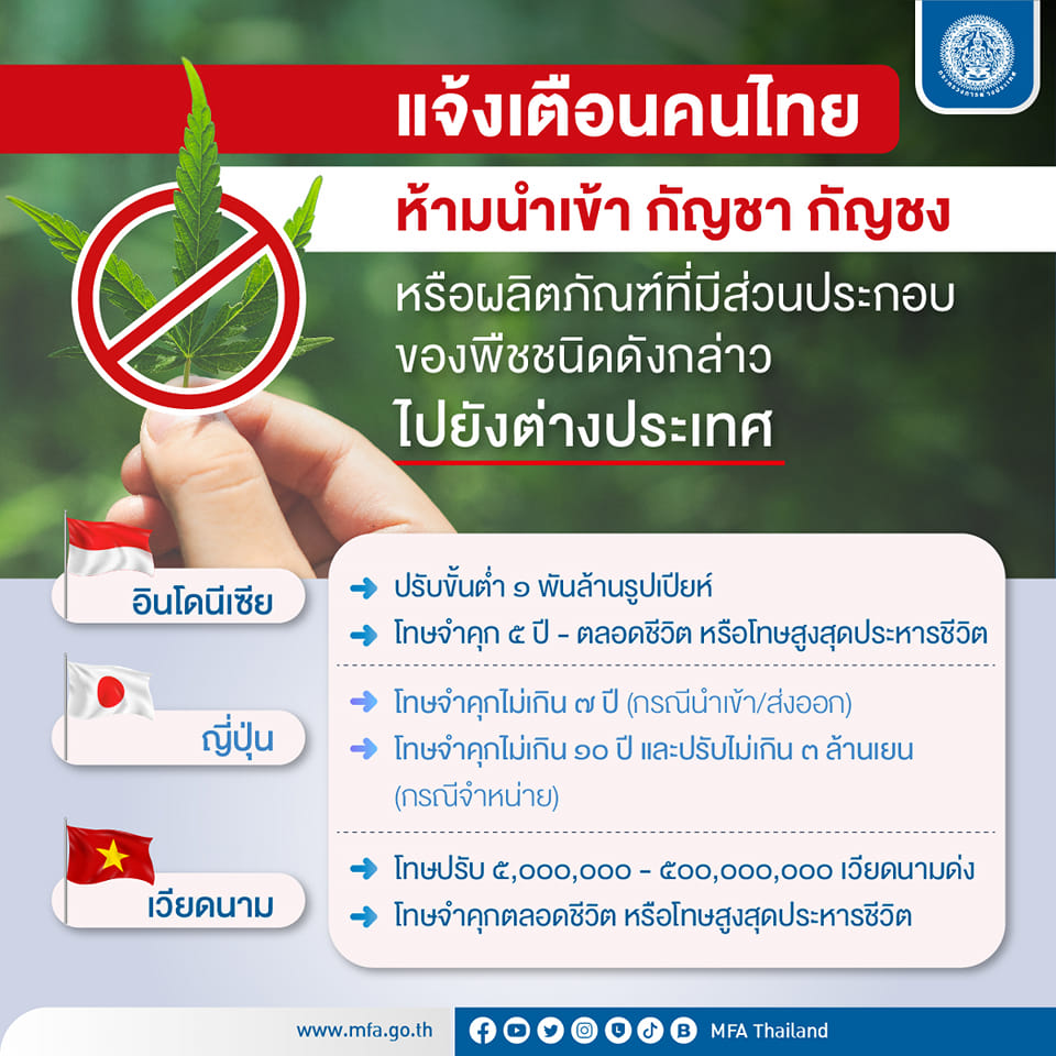 กต. เตือนคนไทย ห้ามนำกัญชาไป 3 ประเทศ