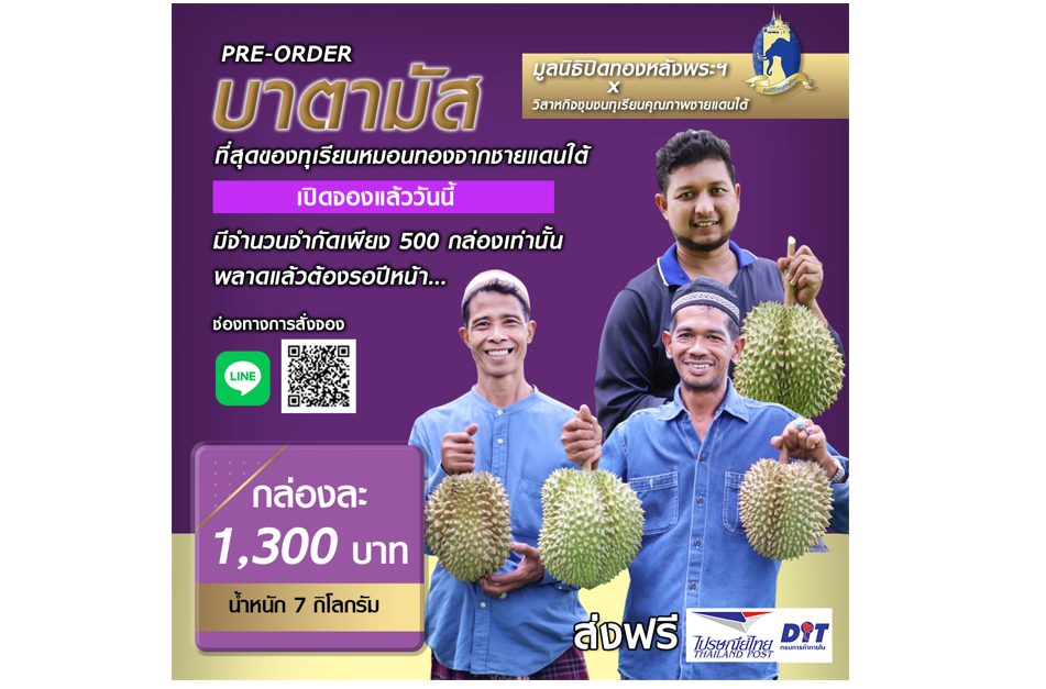 มูลนิธิปิดทองหลังพระฯ ร่วมกับวิสาหกิจชุมชนทุเรียนคุณภาพชายแดนใต้เปิดจองออนไลน์ (PRE-ORDER) ชวนลิ้มลองรสชาติของบาตามัส ที่สุดของทุเรียนหมอนทองจากชายแดนใต้