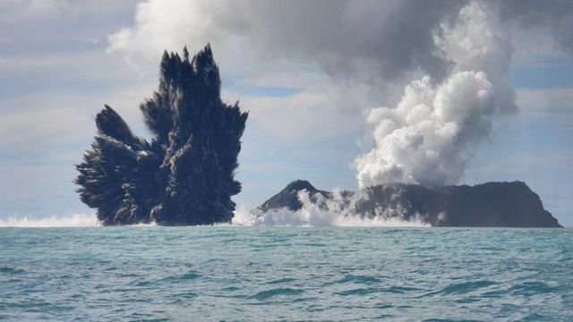 An undersea volcano is seen erupting off the coast of Tonga, sending plumes of steam, ash and smoke up to 100 metres into the air, on March 18, 2009 off the coast of Nuku'Alofa, Tonga.