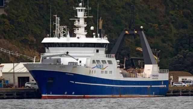 The scientific research vessel Tangaroa sits at Burnam Wharf in Evans Bay in Wellington on August 29, 2011 preparing to take the emperor penguin nicknamed "Happy Feet" on a four-day journey to the Southern Ocean east of Campbell Island.