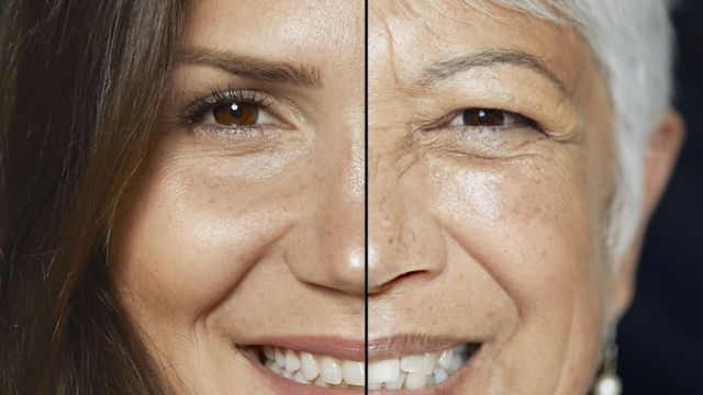 A collage of a woman at a younger and older age