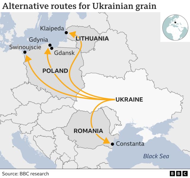Map showing routes for Ukrainian grain to ports in Romania and Baltic republics