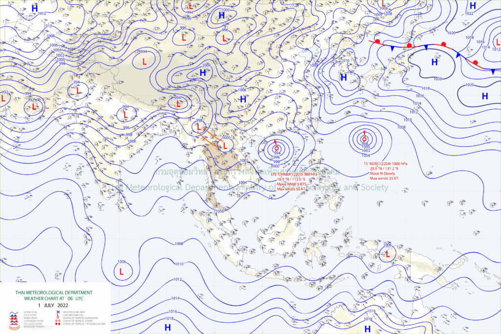 แผนที่อากาศผิวพื้นวันที่ 1 กรกฎาคม 2565 เวลา 13.00 น. ร่องมรสุมพาดผ่านประเทศเมียนมาตอนบนของภาคเหนือ เข้าสู่หย่อมความกดอากาศต่ำบริเวณประเทศลาว ส่วนพายุโซนร้อน“ชบา”ปกคลุมบริเวณทะเลจีนใต้ตอนบน และมีพายุโซนร้อน“แอรี”บริเวณมหาสมุทรแปซิฟิก