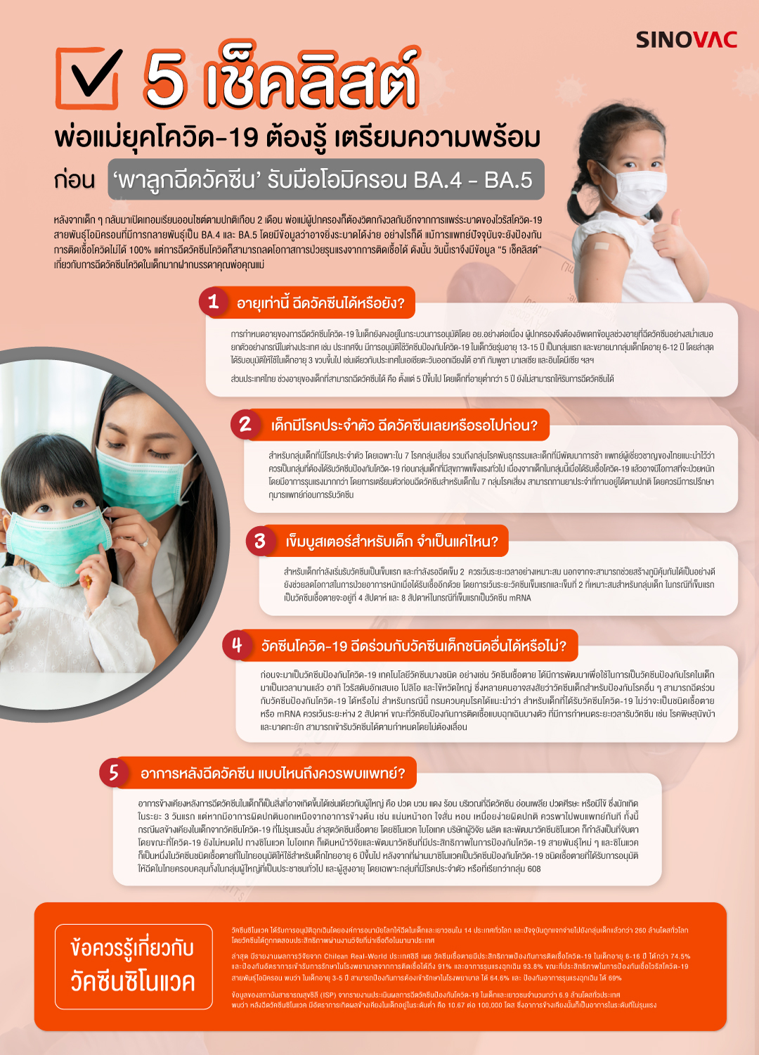 5 เช็กลิสต์ ยุคโควิดควรรู้ ก่อนพาลูกฉีดวัคซีน รับมือโอมิครอน BA.4 - BA.5
