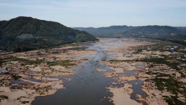 This aerial photo taken on October 31, 2019 shows Mekong River in Pak Chom district in the northeastern Thai province of Loei with Laos side seen at right.