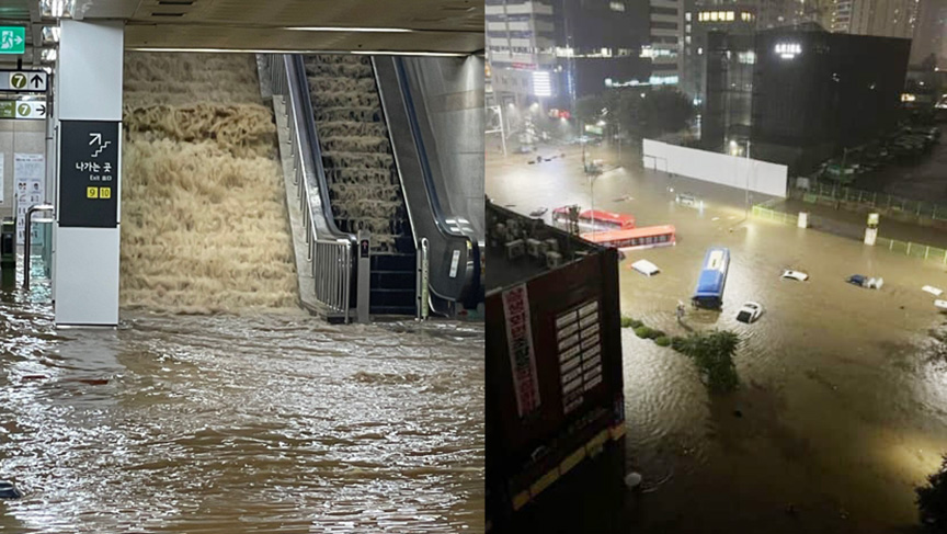ฝนกระหน่ำ น้ำท่วมกรุงโซล ทะลักลงสถานีรถไฟใต้ดิน รถลอยเกลื่อนถนน