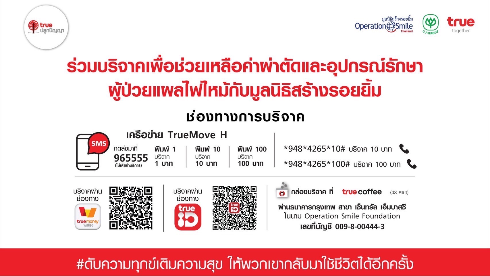 มูลนิธิสร้างรอยยิ้ม จับมือ เครือซีพี-กลุ่มทรู ชวนบริจาคช่วยเหลือค่าผ่าตัดและอุปกรณ์รักษาผู้ป่วยแผลไฟไหม้ สร้างโอกาสในชีวิตอีกครั้ง