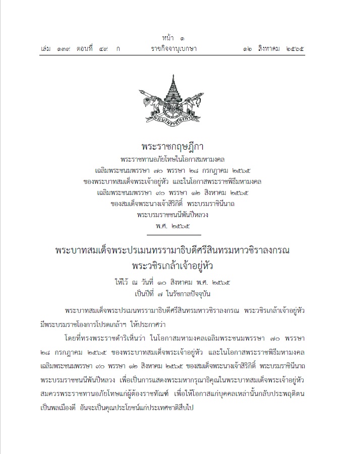 พระราชทานอภัยโทษ 12 สิงหา 65