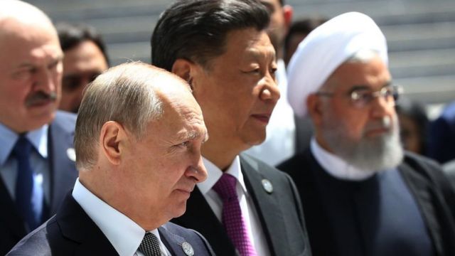 Belarussian President Alexander Lukashenko, Russian President Vladimir Putin, Chinese President Xi Jinping, Iranian President Hassan Rouhani enter the hall during the SCO Summit on June 14, 2019 in Bishkek, Kyrgyzstan