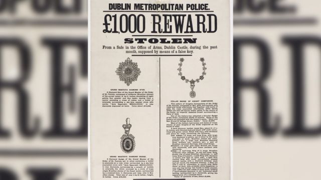 ใบปิดประกาศรางวัลที่มีการเผยแพร่ในปี 1907 เพื่อตามหาเครื่องราชกกุธภัณฑ์ไอร์แลนด์กลับคืนมา