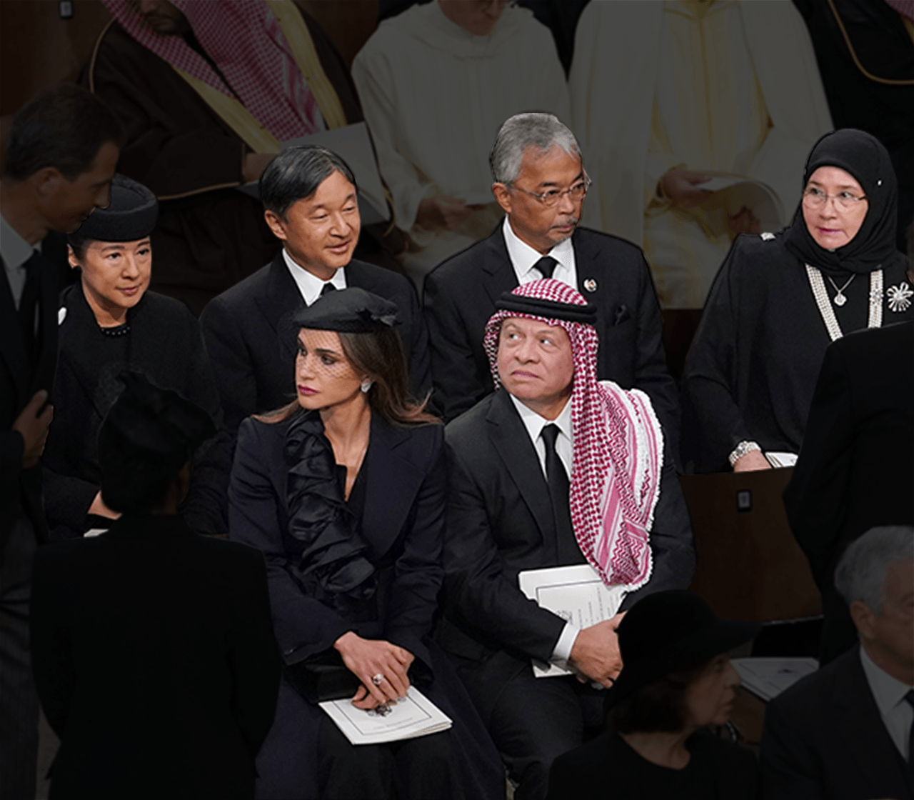 Empress Masako and Emperor Naruhito of Japan, Malaysia's King Sultan Abdullah Sultan Ahmad Shah (and Queen Tunku Azizah Aminah Maimunah Iskandariah, and in front of them King Abdullah II and Queen Rania Al-Abdullah of Jordan