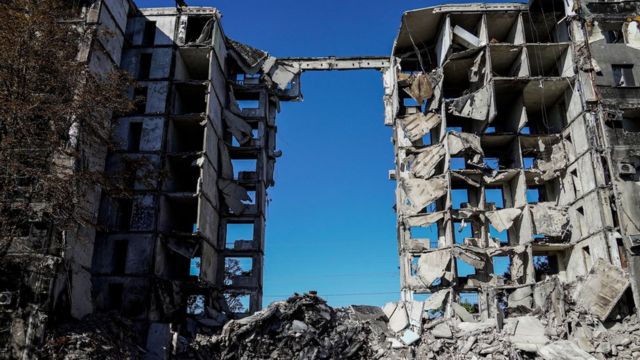 A destroyed building in Mariupol, eastern Ukraine, photographed on 25 September