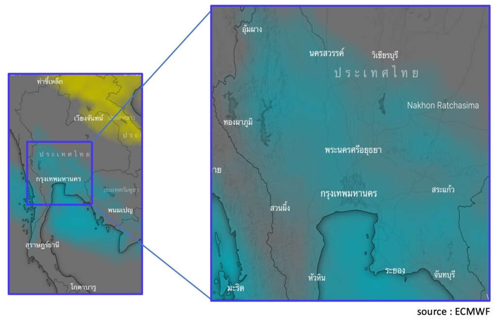 พื้นที่ฝนตกหนักบริเวณพื้นที่เฉดสีฟ้า
