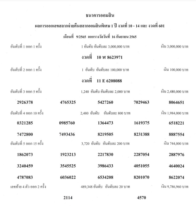 สลากออมสิน 16 กันยายน