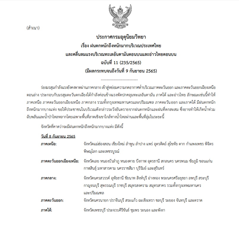 ประกาศเตือน ฉบับที่ 11 ฝนตกหนัก