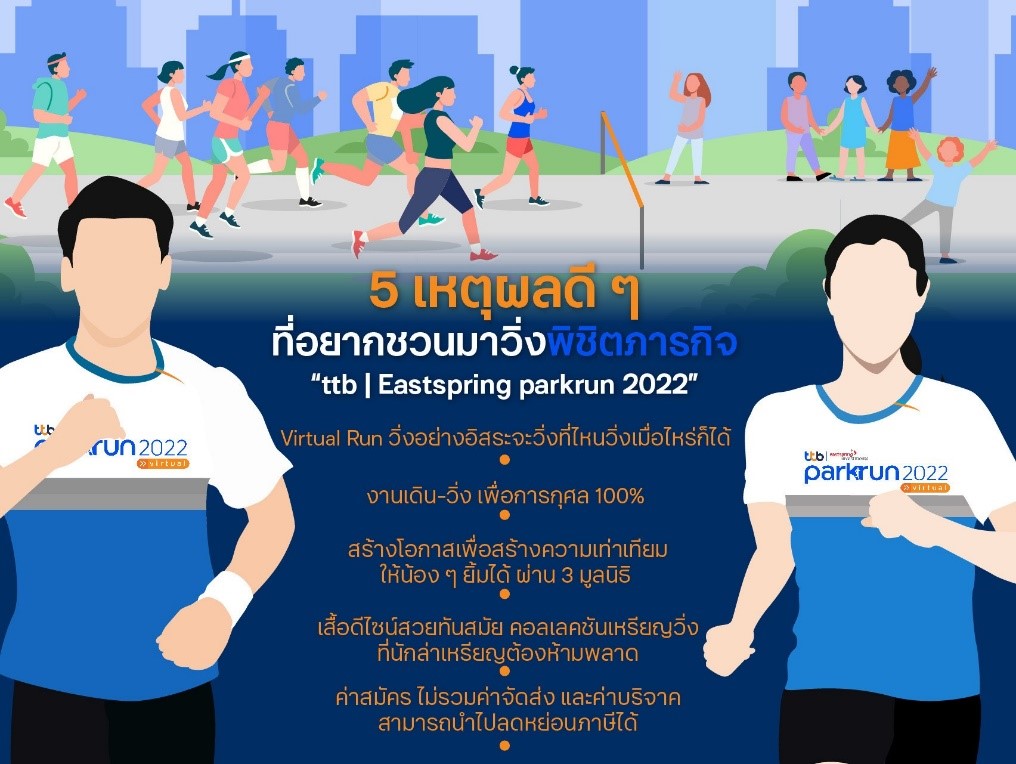 5 เหตุผลดี ๆ ที่อยากชวนทุกคนมาวิ่งพิชิตภารกิจ “ttb | Eastspring parkrun 2022”  วิ่งเพื่อเปลี่ยนกิโลเมตรของคุณ…เป็นกิโลยิ้มให้น้อง
