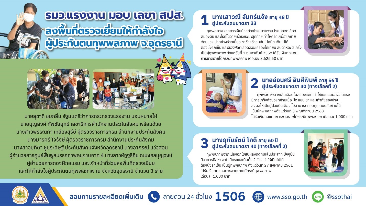 รมว.แรงงาน ส่ง เลขา สปส. มอบสุขสู่ผู้ประกันตนทุพพลภาพ  ลงพื้นที่ตรวจเยี่ยมให้กำลังใจถึงบ้าน จ.อุดรธานี