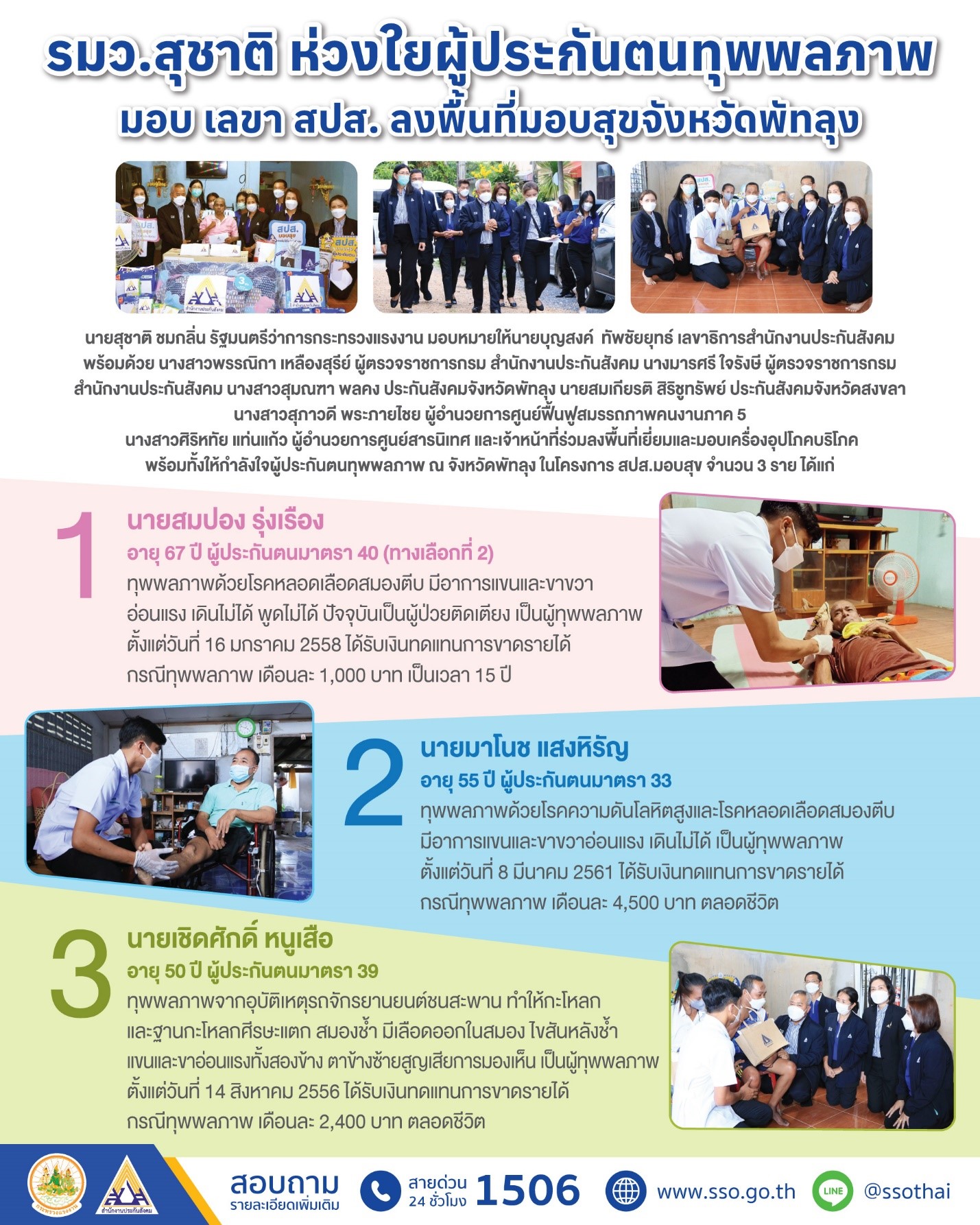 รมว.สุชาติ ห่วงใยผู้ประกันตนทุพพลภาพ มอบ เลขา สปส. ลงพื้นที่มอบสุขจังหวัดพัทลุง