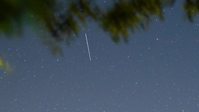A Starlink satellite appears as a streak of light in the early evening sky