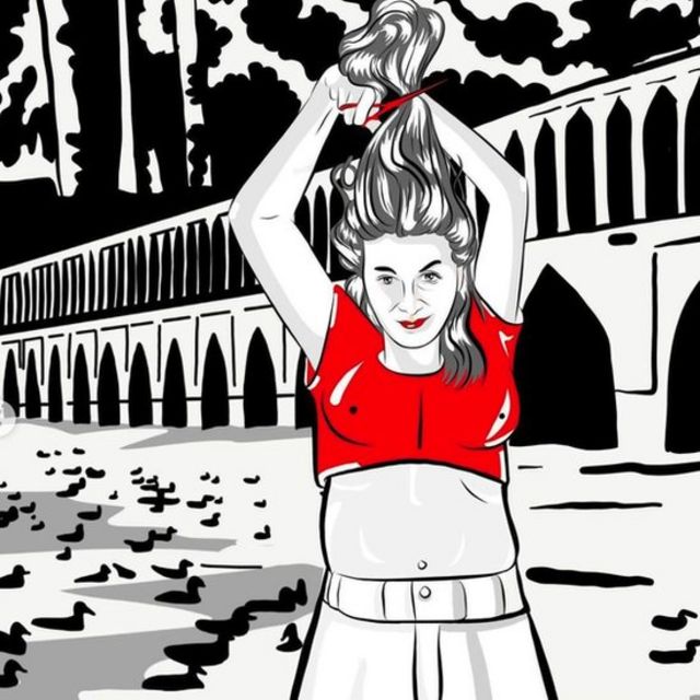 Foroozan's image of a woman cutting her hair in front of an iconic Iranian bridge