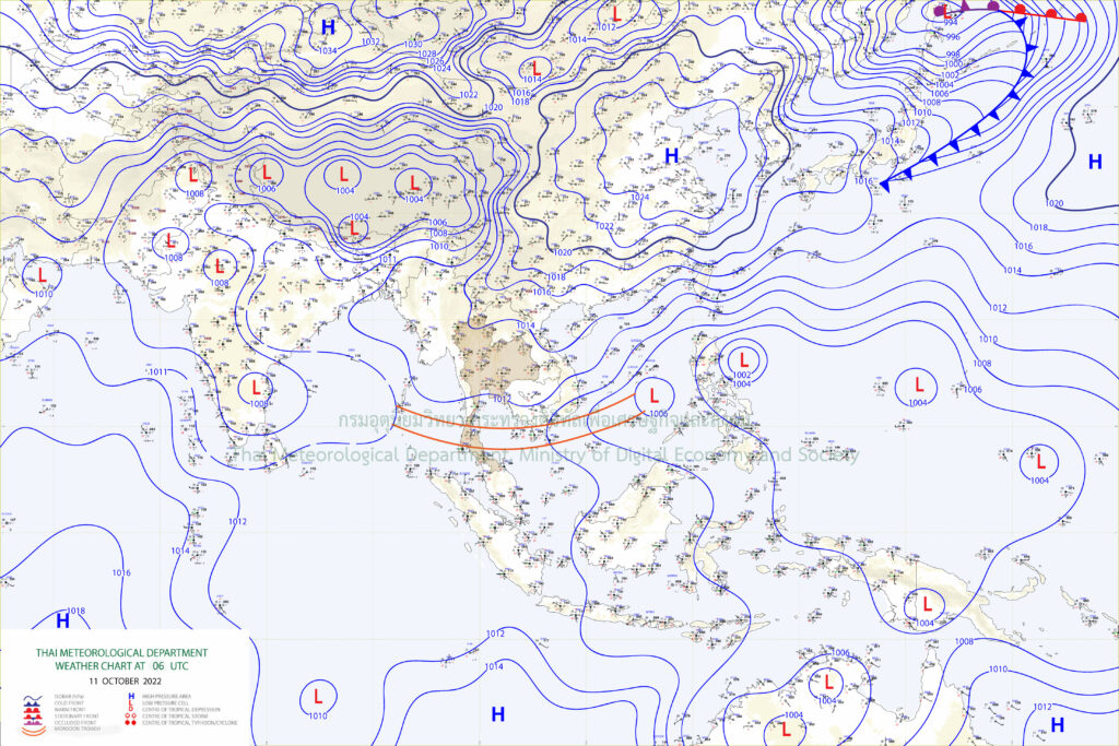 อธิบายแผนที่ : แผนที่อากาศผิวพื้นวันที่ 11 ตุลาคม 2565 เวลา 13.00 น. บริเวณความกดอากาศสูงหรือมวลอากาศเย็นกำลังปานกลางจากประเทศจีนปกคลุมภาคเหนือ ภาคตะวันออกเฉียงเหนือ และภาคกลางตอนบน โดยมีร่องมรสุมพาดผ่านบริเวณภาคใต้ตอนกลาง
